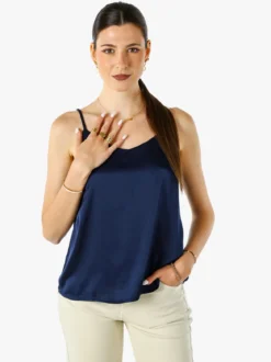 Solada Top donna effetto raso con spalline strette - blu scuro