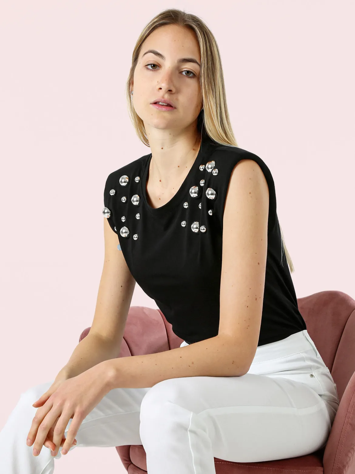 Solada Top donna in cotone con borchie - nero