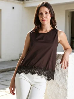 Solada Top donna in cotone con pizzo sul finale - moro