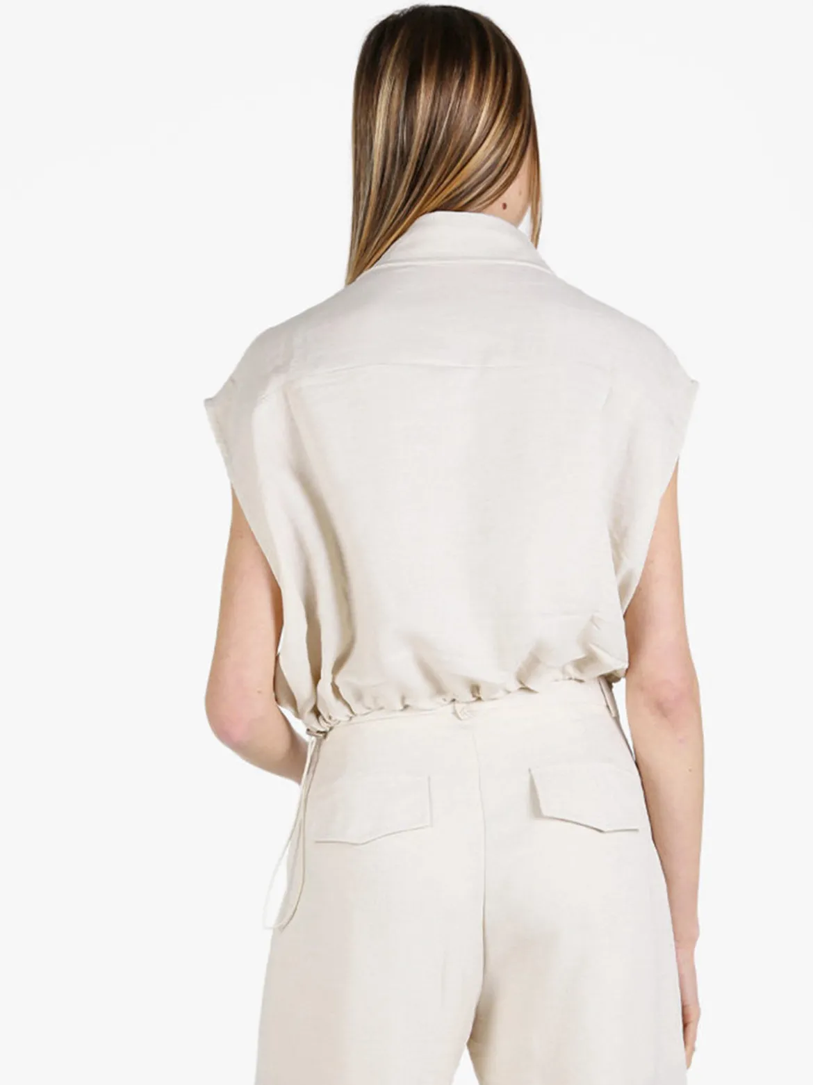Solada Top donna in misto lino con coulisse laterali - beige
