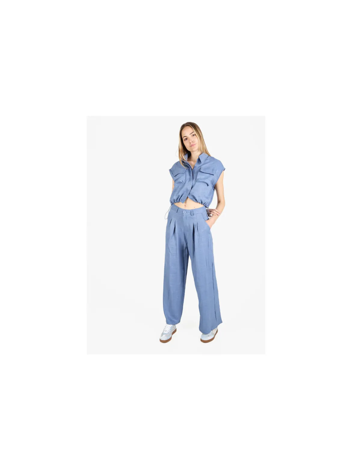 Solada Top donna in misto lino con coulisse laterali - blu