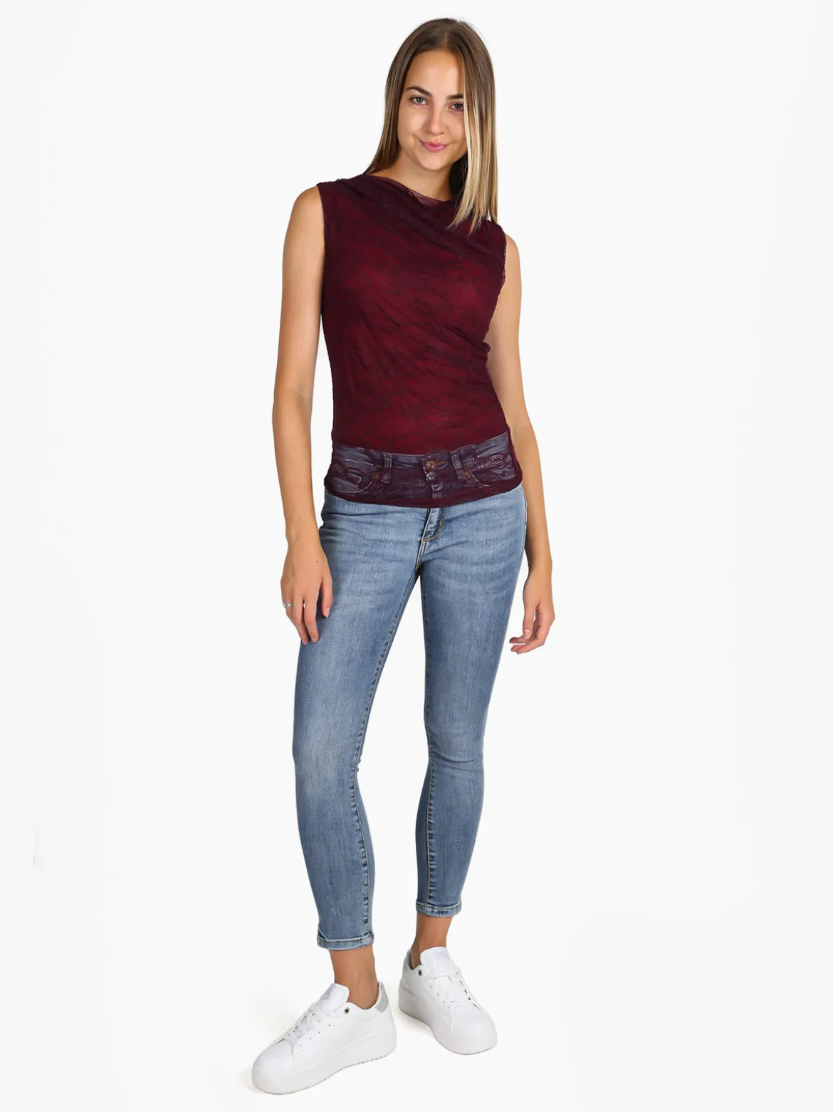Solada Top donna in pizzo con scollo a cascata - bordeaux