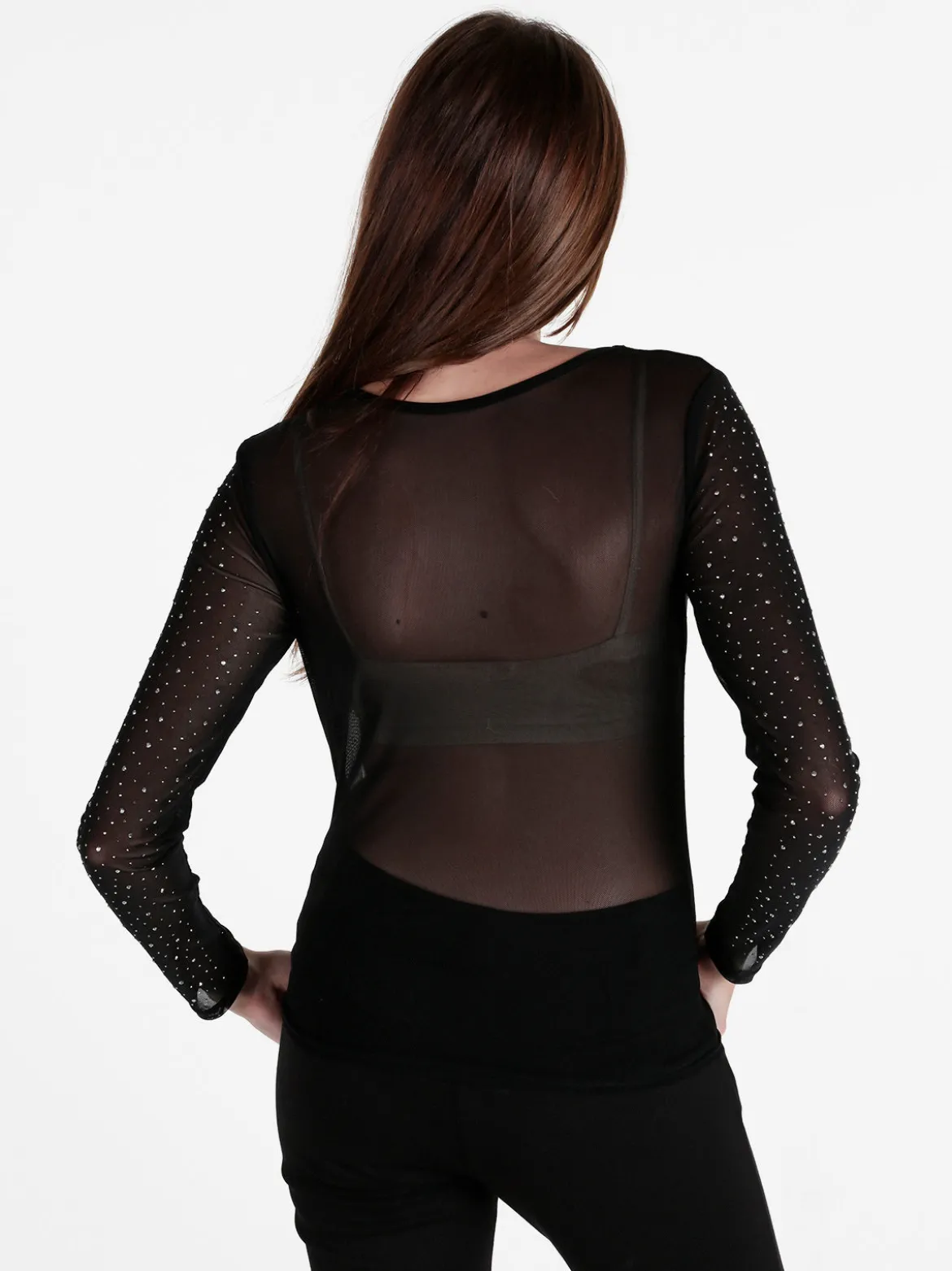 Solada Top donna in tulle a maniche lunghe con strass