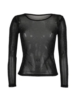 Solada Top donna in tulle a maniche lunghe con strass