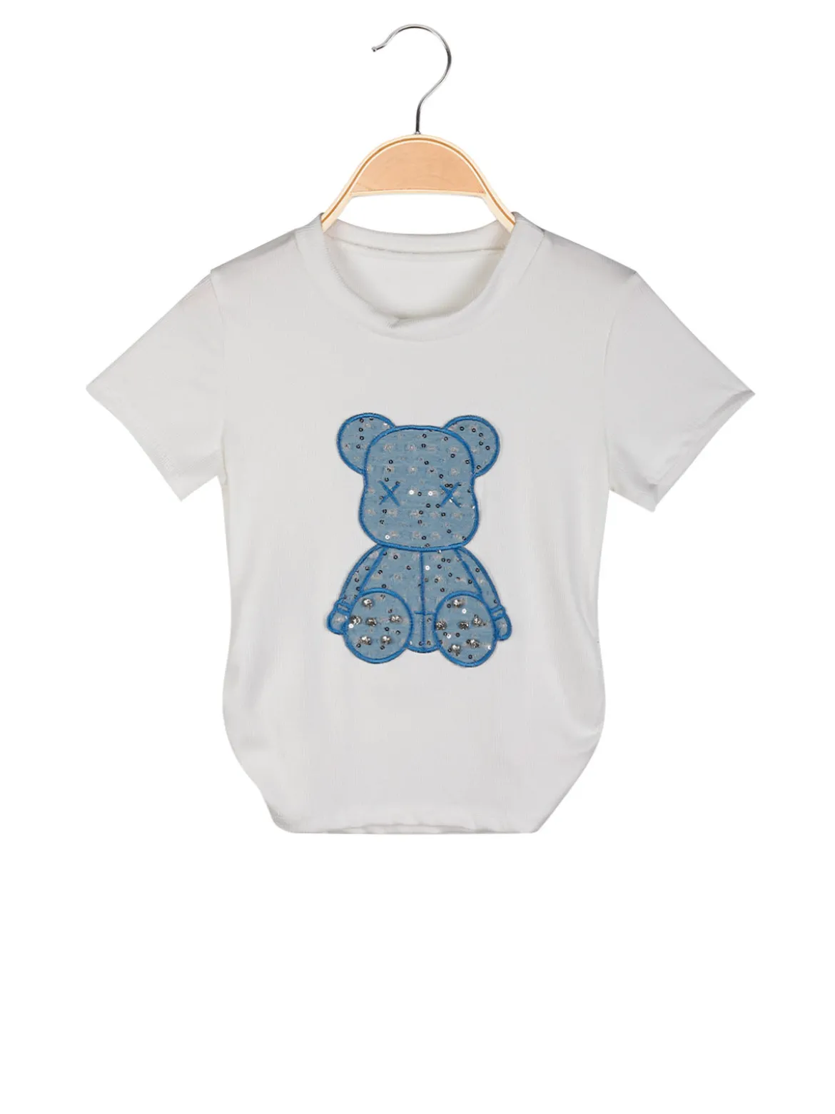 Solada T-shirt da bambina a costine con orsacchiotto in jeans