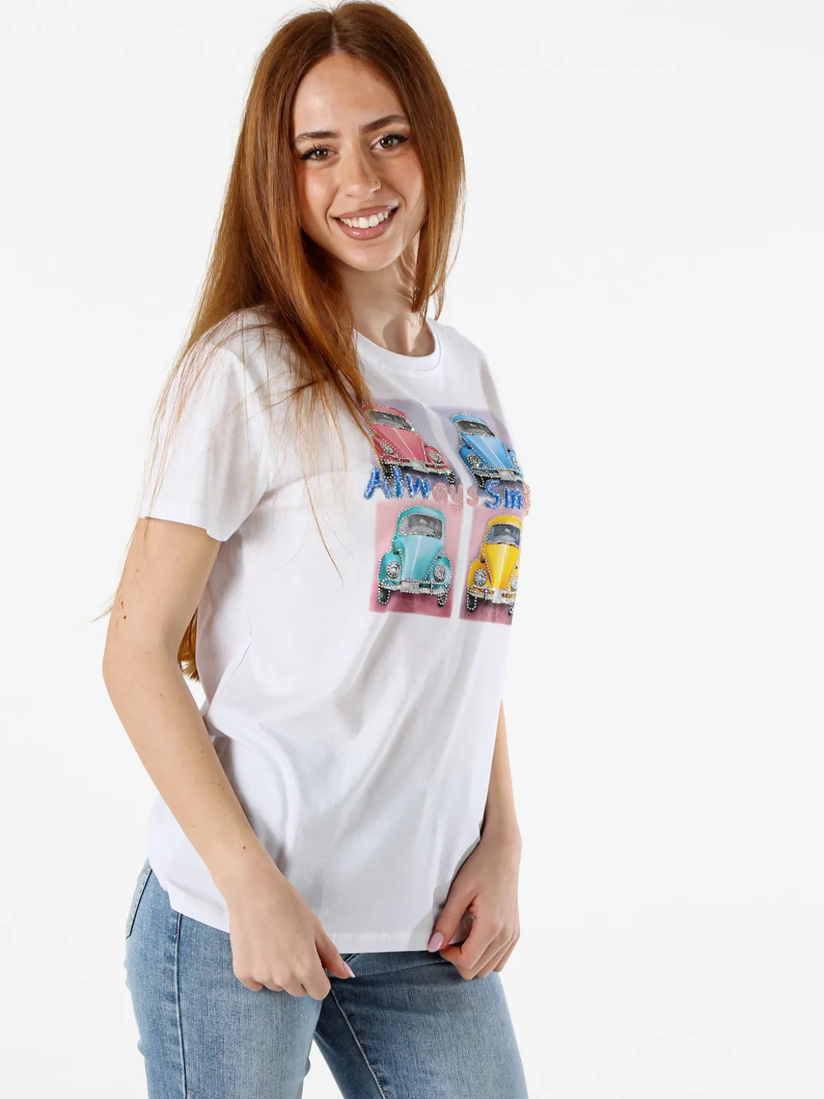 Solada T-shirt da donna in cotone con stampa e strass - rosa