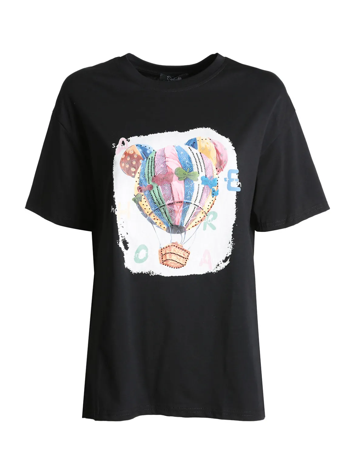 Solada T-shirt donna girocollo con stampa mongolfiera e strass