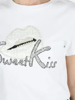 Solada T-shirt donna in cotone con paillettes e perle