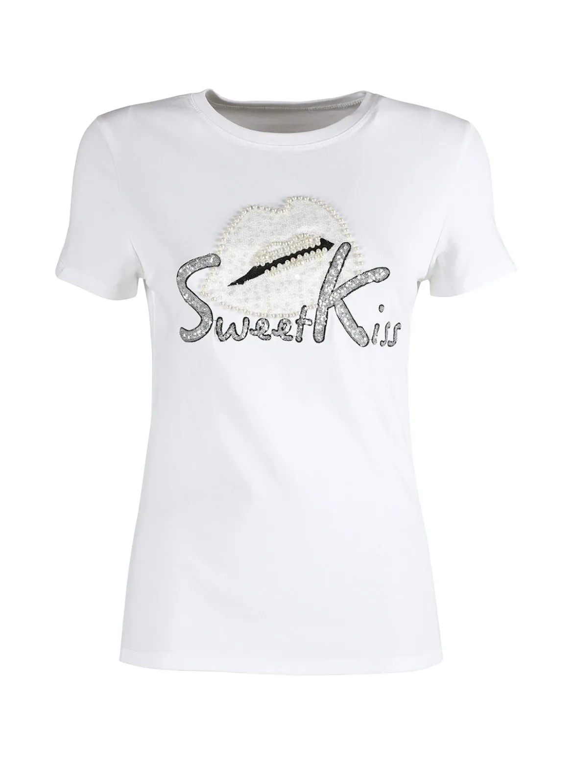 Solada T-shirt donna in cotone con paillettes e perle