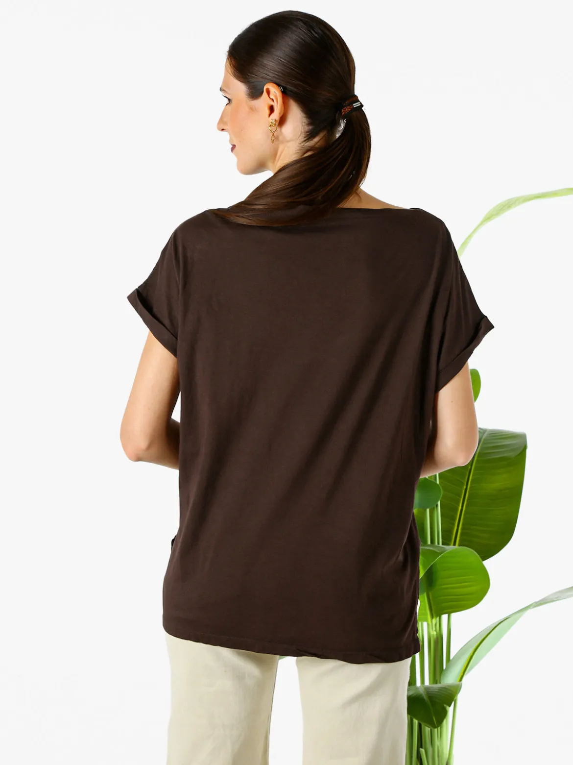 Solada T-shirt donna in cotone con scollo a barca - marrone