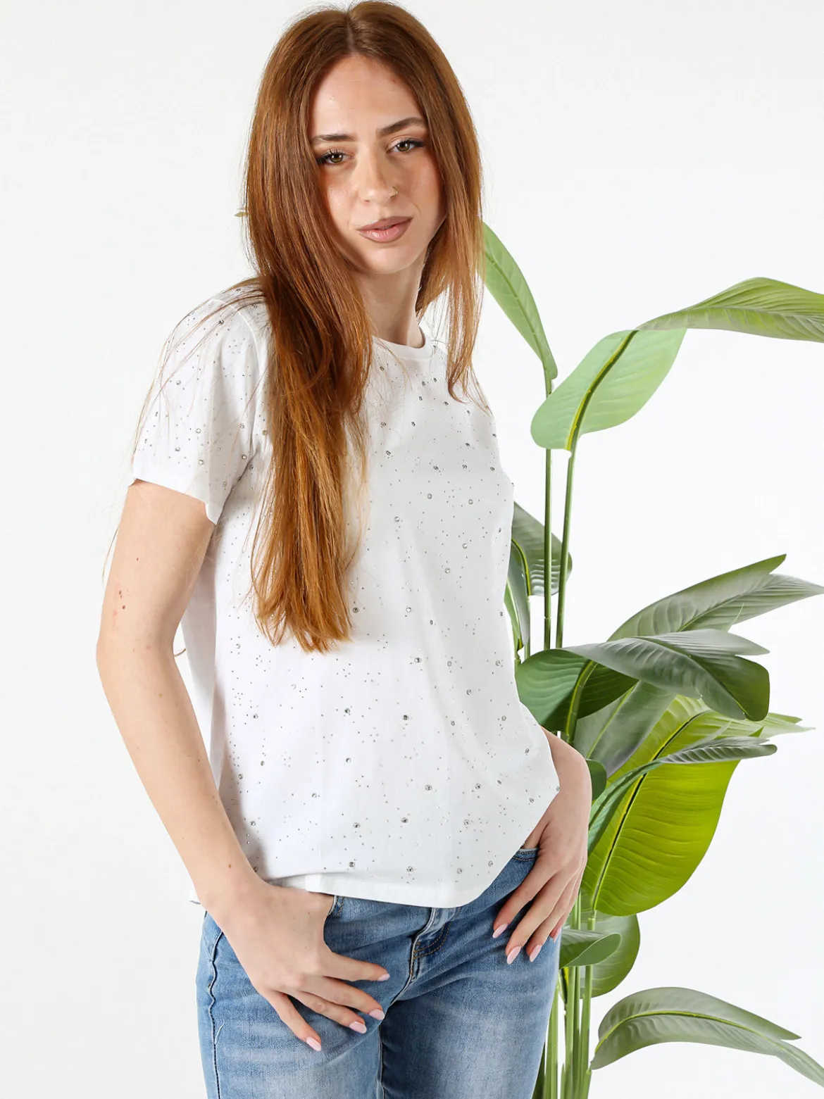 Solada T-shirt donna in cotone con strass - bianco
