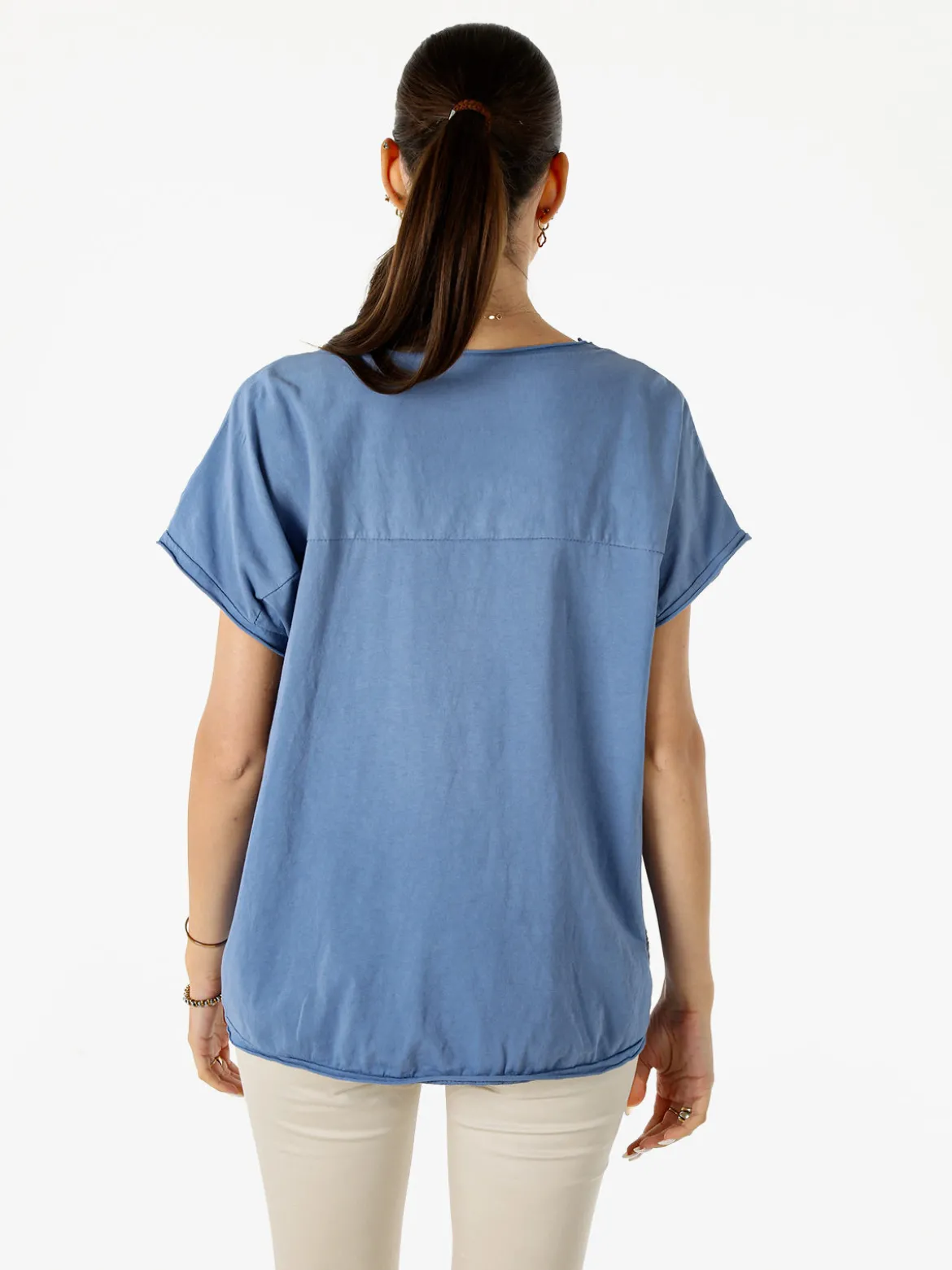 Solada T-shirt donna in misto cotone con maniche a pipistrello e micro borchie - blu