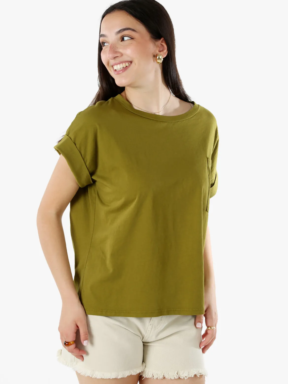 Solada T-shirt donna oversize in cotone con taschino - oliva