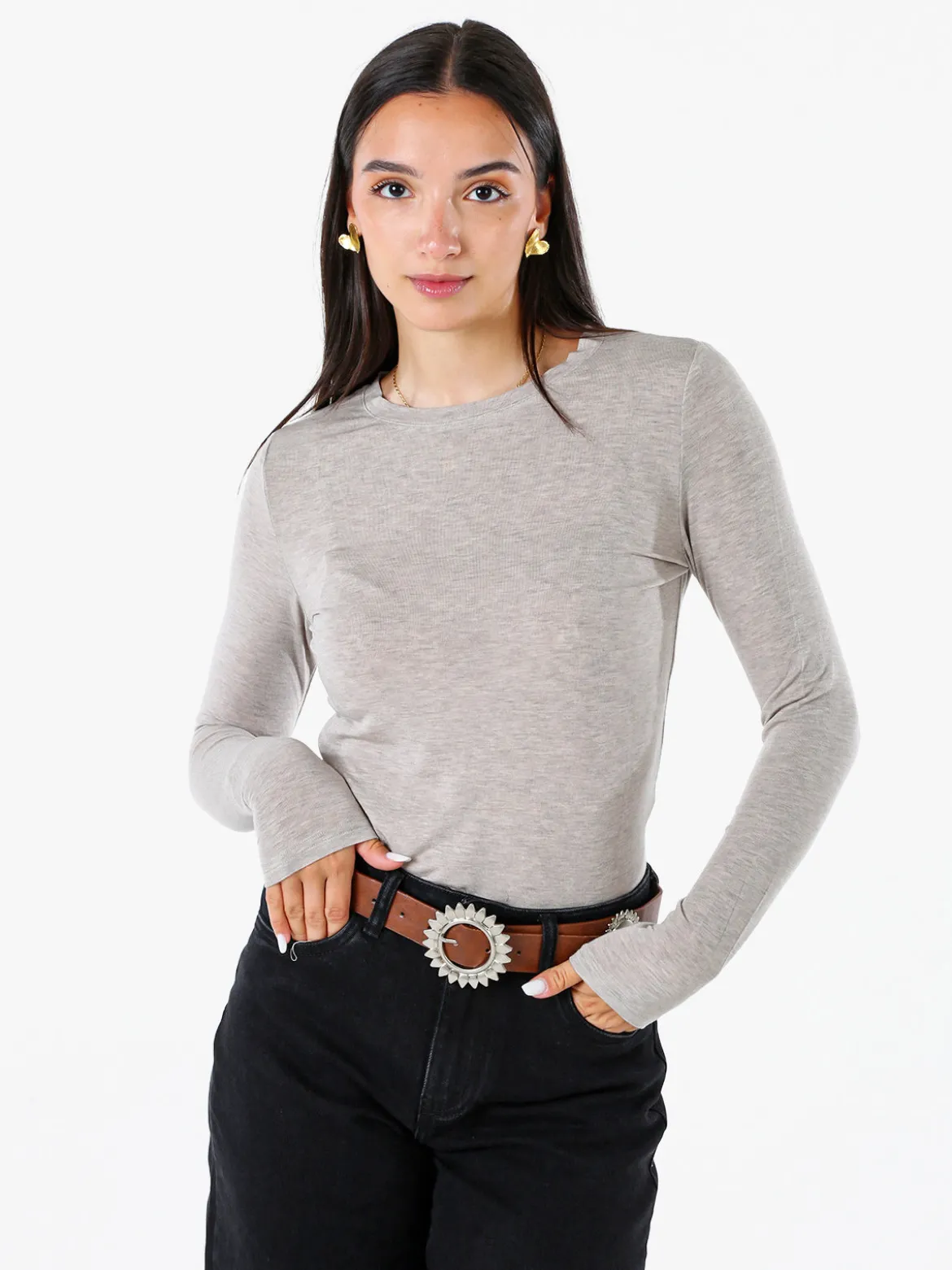 Solada T-shirt girocollo da donna a maniche lunghe - sabbia