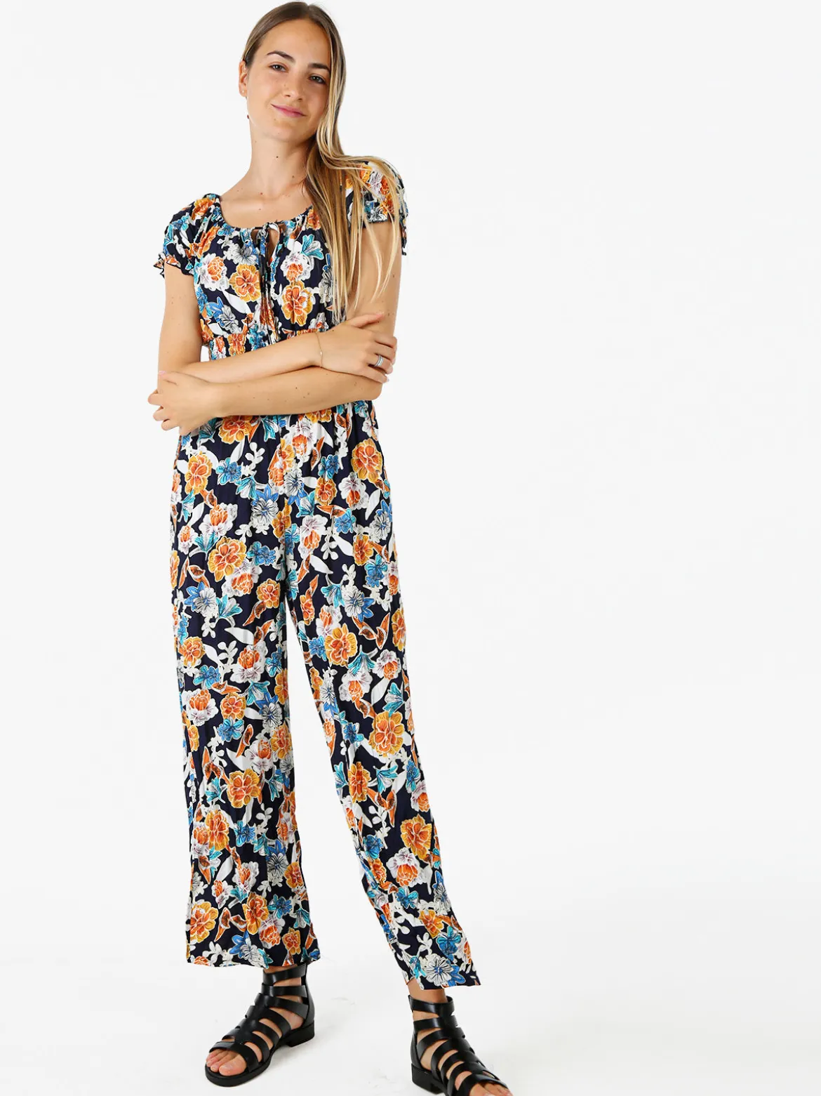 Solada Tuta jumpsuite da donna con stampa floreale e maniche corte - blu scuro