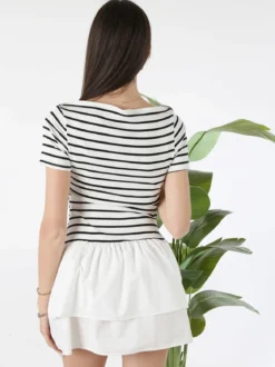 Solada Vestito donna a maniche corte con stampa a righe e gonna svasata - bianco
