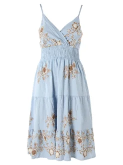 Solada Vestito donna in viscosa con spalline strette e ricami floreali - azzurro