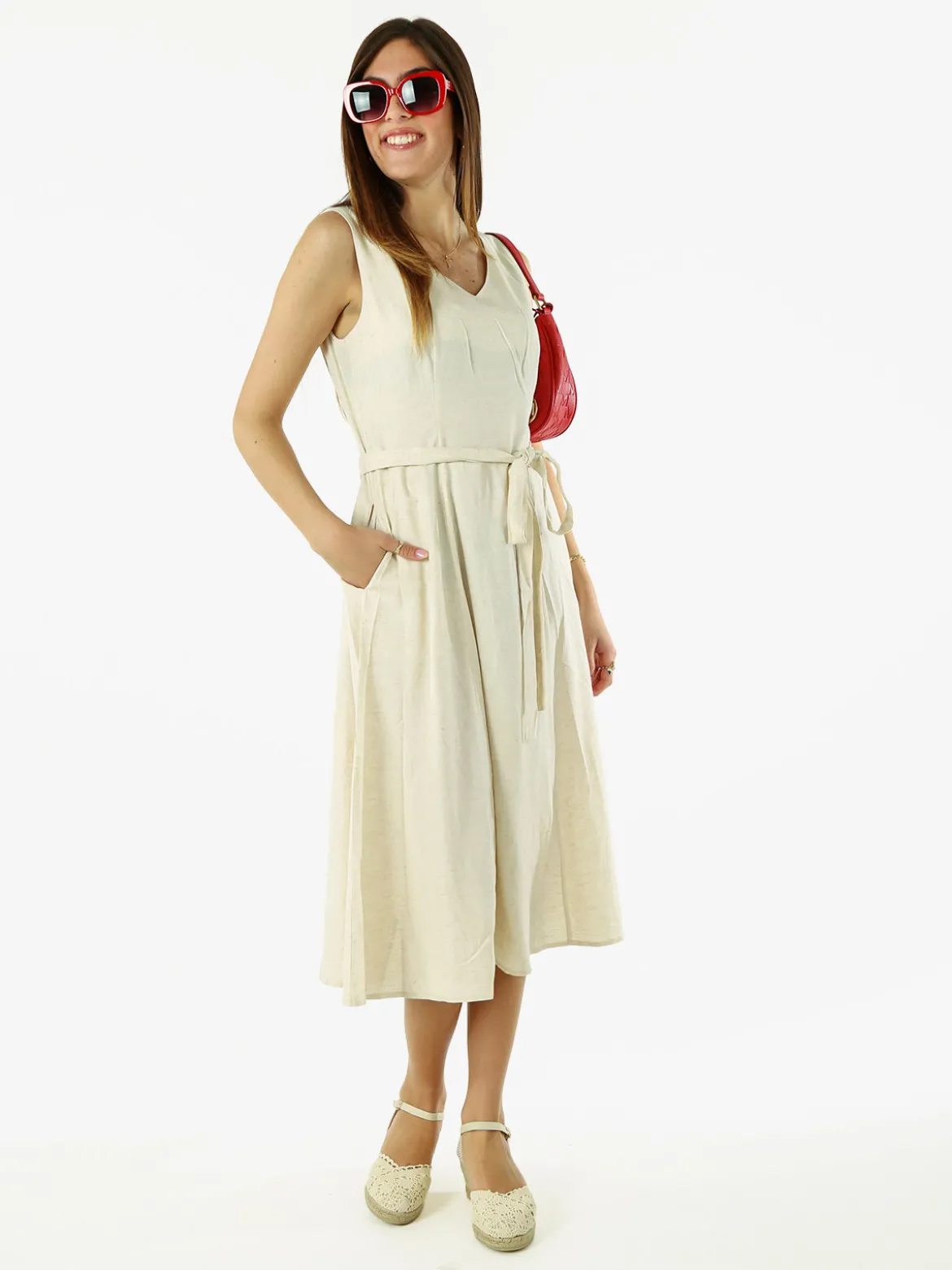 Solada Vestito donna smanicato in misto lino con scollo a V - beige