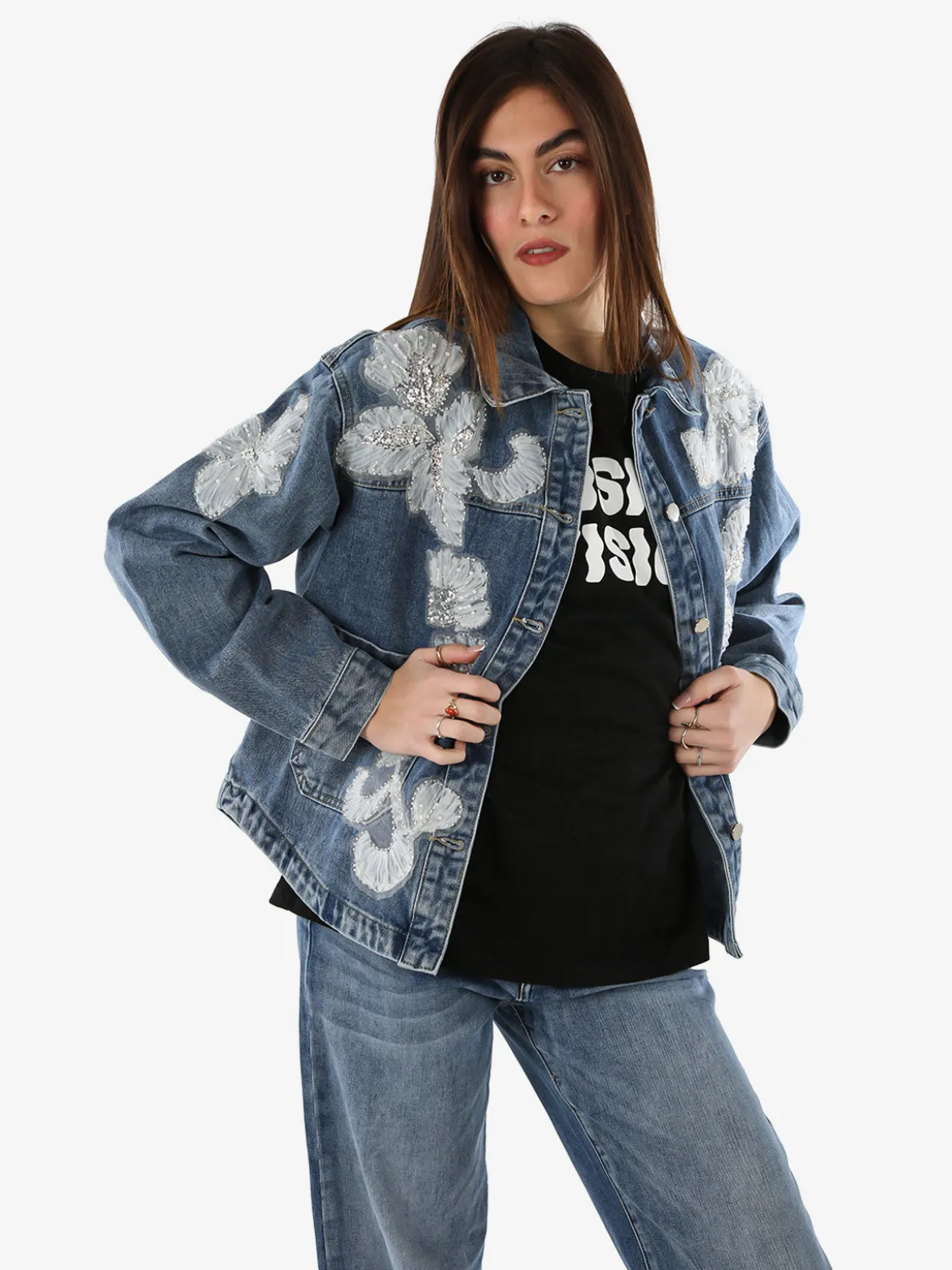 Studio Eleven Collection Giacca donna in jeans oversize con perline e paillettes - jeans