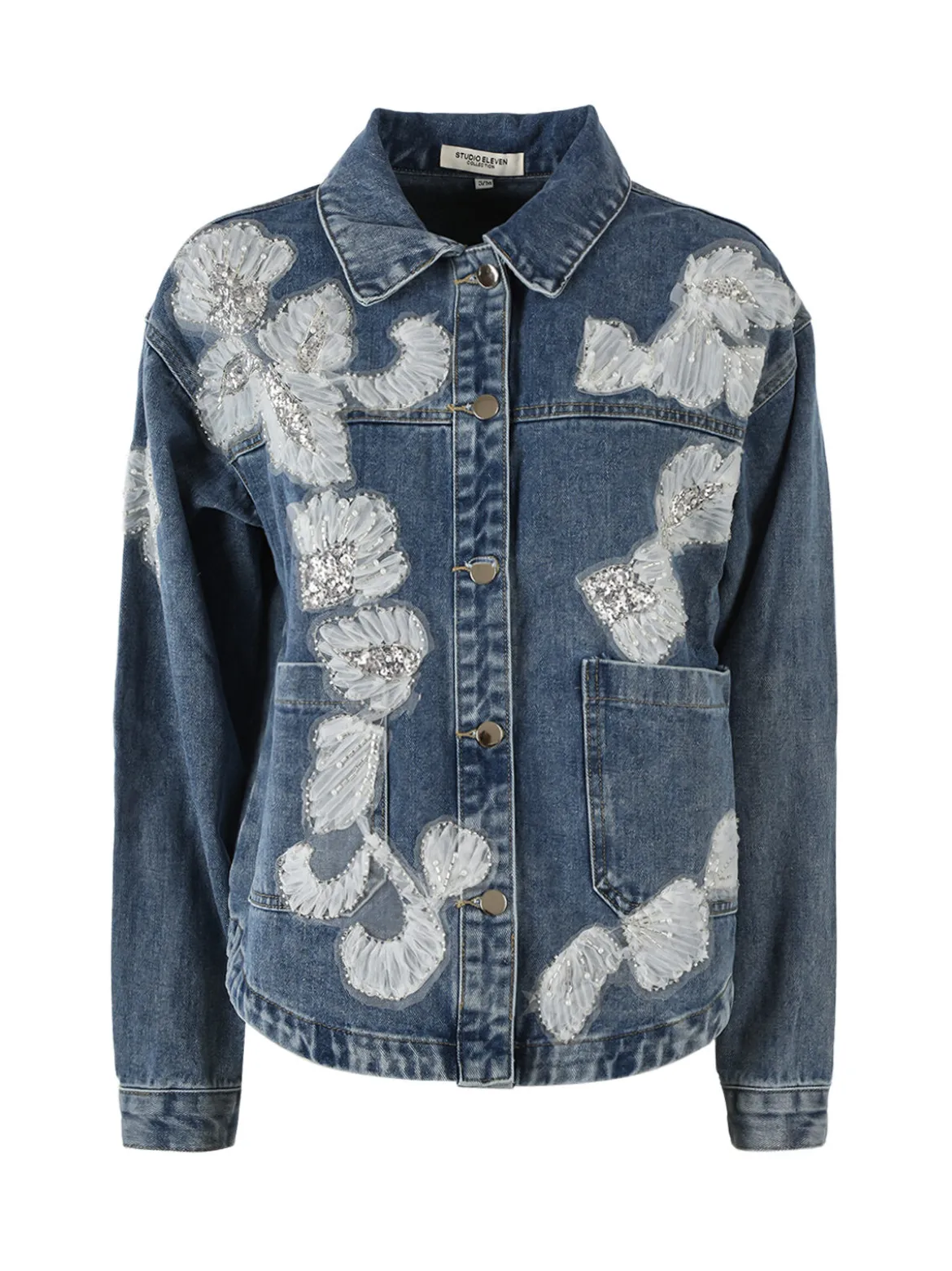 Studio Eleven Collection Giacca donna in jeans oversize con perline e paillettes - jeans