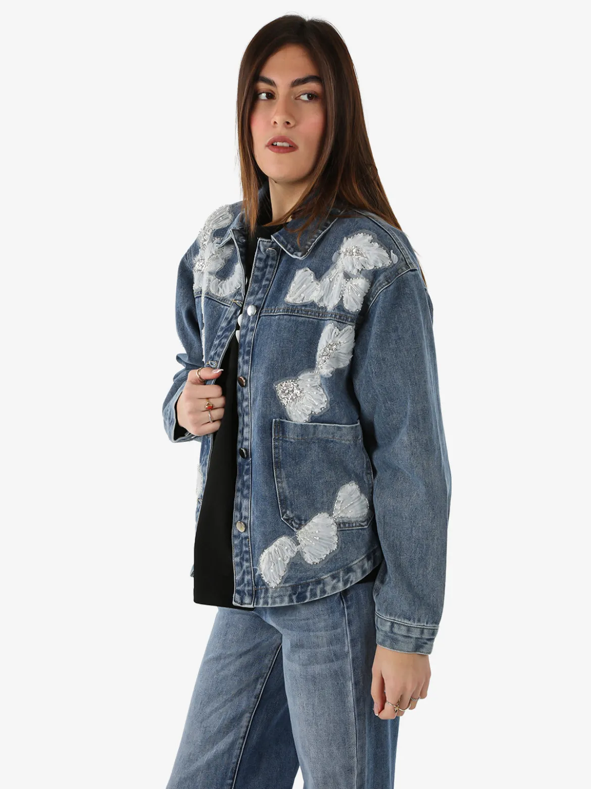 Studio Eleven Collection Giacca donna in jeans oversize con perline e paillettes - jeans