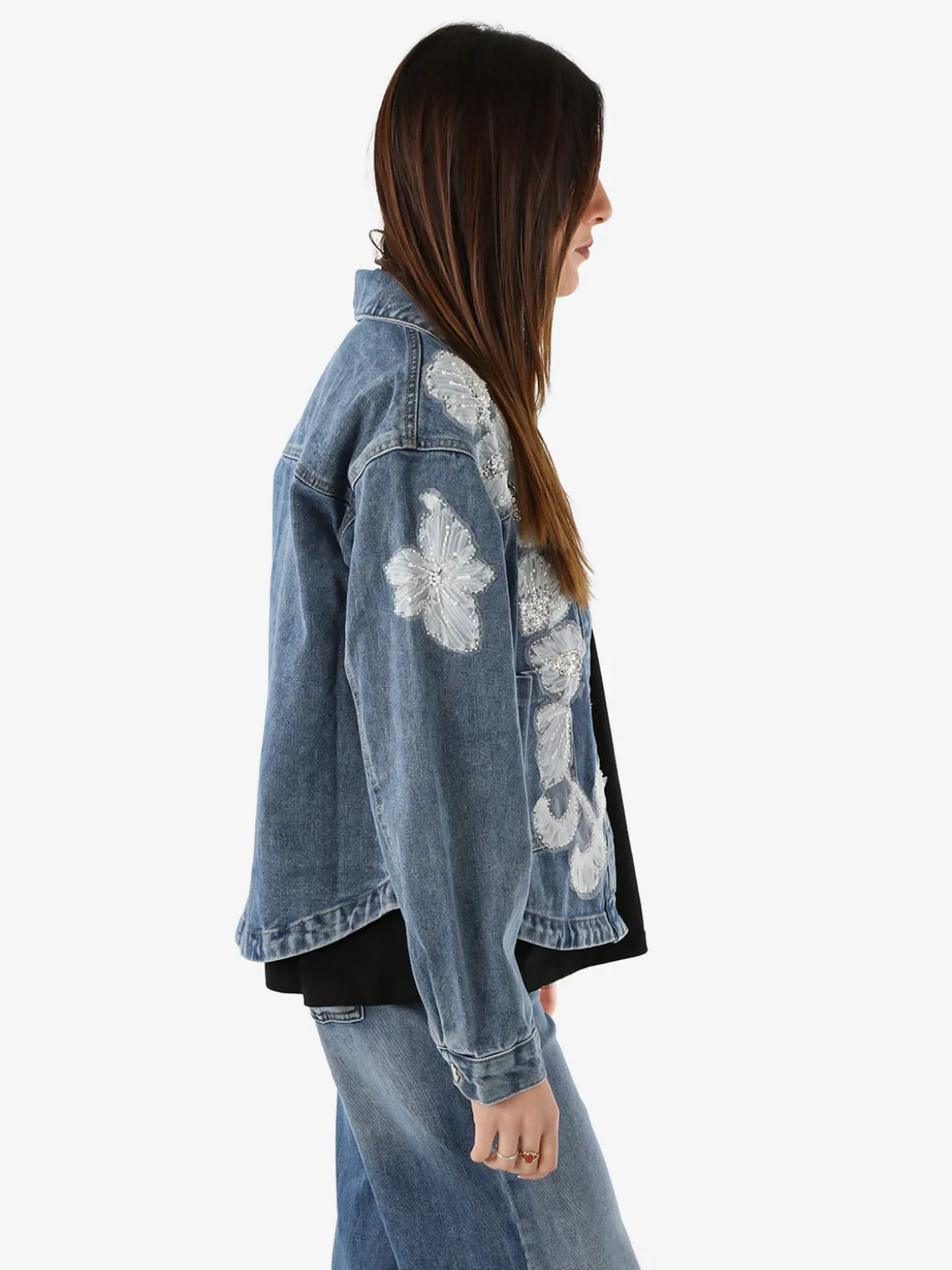 Studio Eleven Collection Giacca donna in jeans oversize con perline e paillettes - jeans