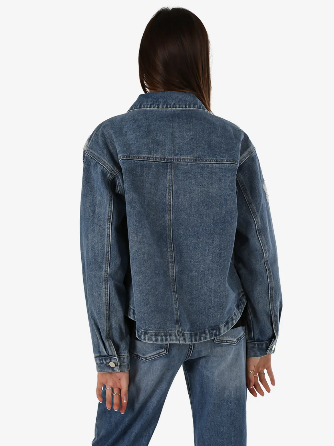 Studio Eleven Collection Giacca donna in jeans oversize con perline e paillettes - jeans