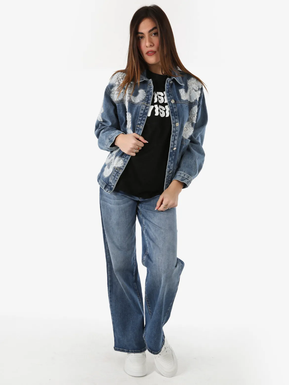 Studio Eleven Collection Giacca donna in jeans oversize con perline e paillettes - jeans