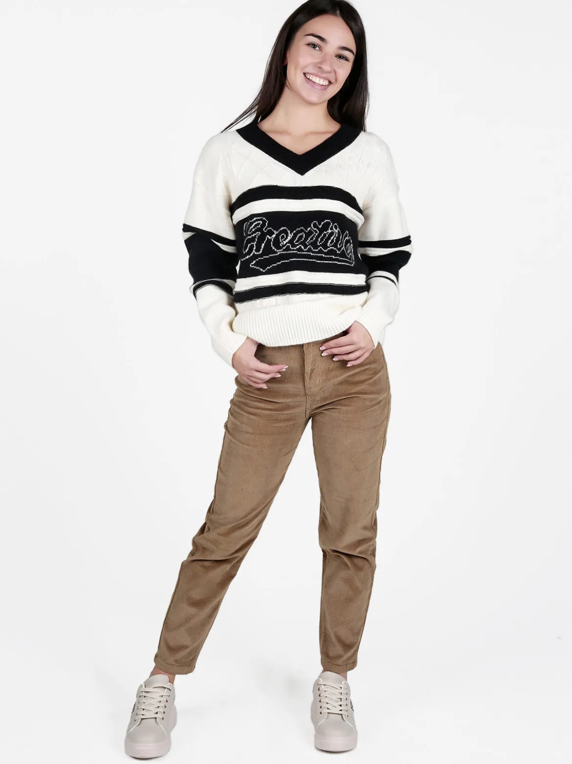 Studio Eleven Collection Maglione donna con scollo a V e spalle cadenti