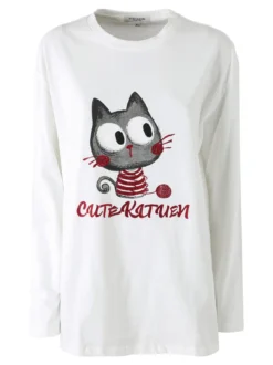 Studio Eleven Collection T-shirt a maniche lunghe da donna in cotone con stampa - bianco