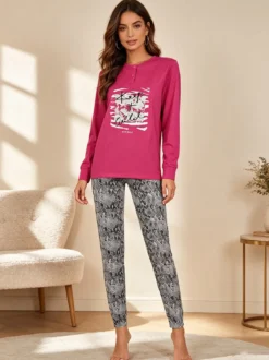 Stylosa Pigiama lungo da donna in cotone con stampe