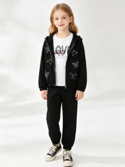 Sweet Junior Completo tuta 3 pezzi da bambina con farfalle di strass cappuccio e zip - nero