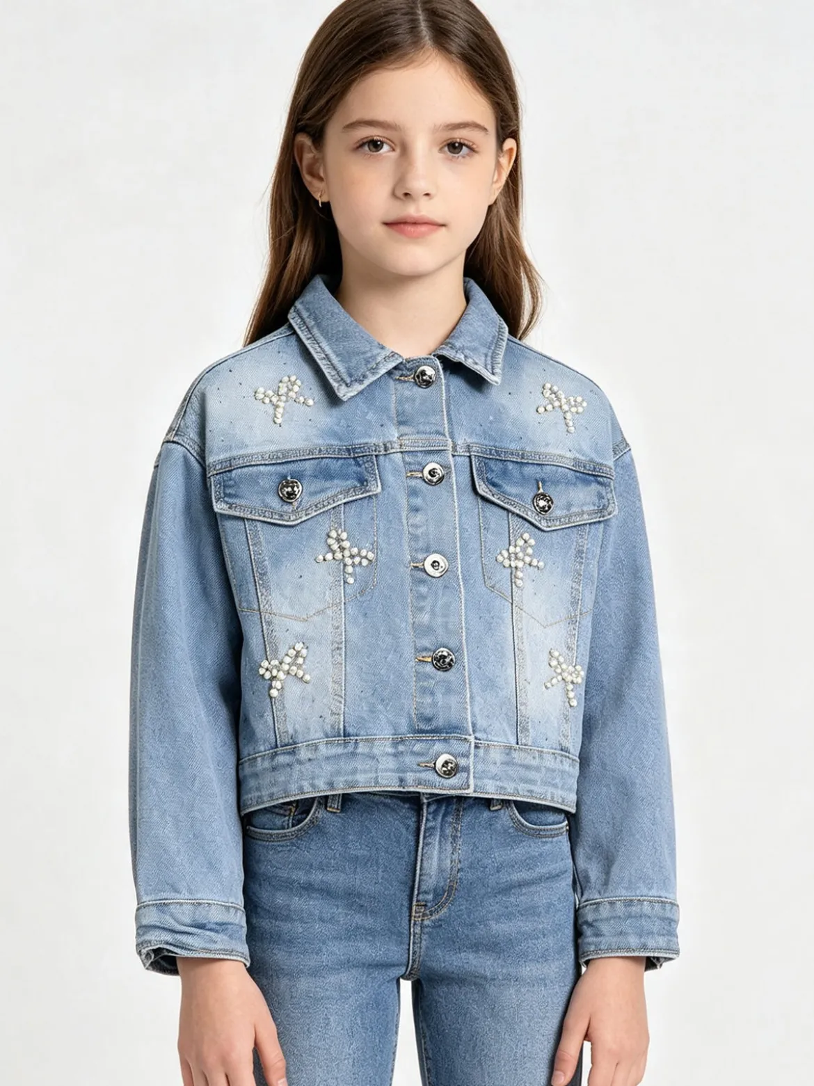 Sweet Junior Giacca cropped da bambina in jeans con perle e strass - jeans