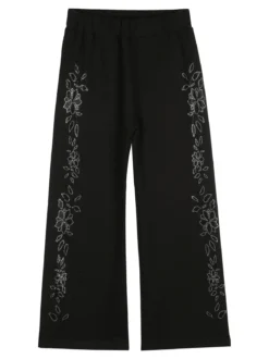 Sweet Junior Pantaloni da bambina a gamba larga con strass floreali - nero