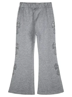 Sweet Junior Pantaloni da bambina a zampa con fiocchi di strass ed elastico in vita - grigio