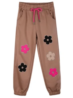 Sweet Junior Pantaloni tuta da bambina con fiori di peluche e strass - marrone