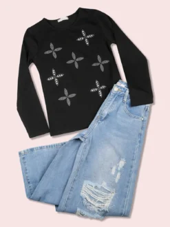 Sweet Junior T-shirt da bambina a maniche lunghe con strass e perle - nero