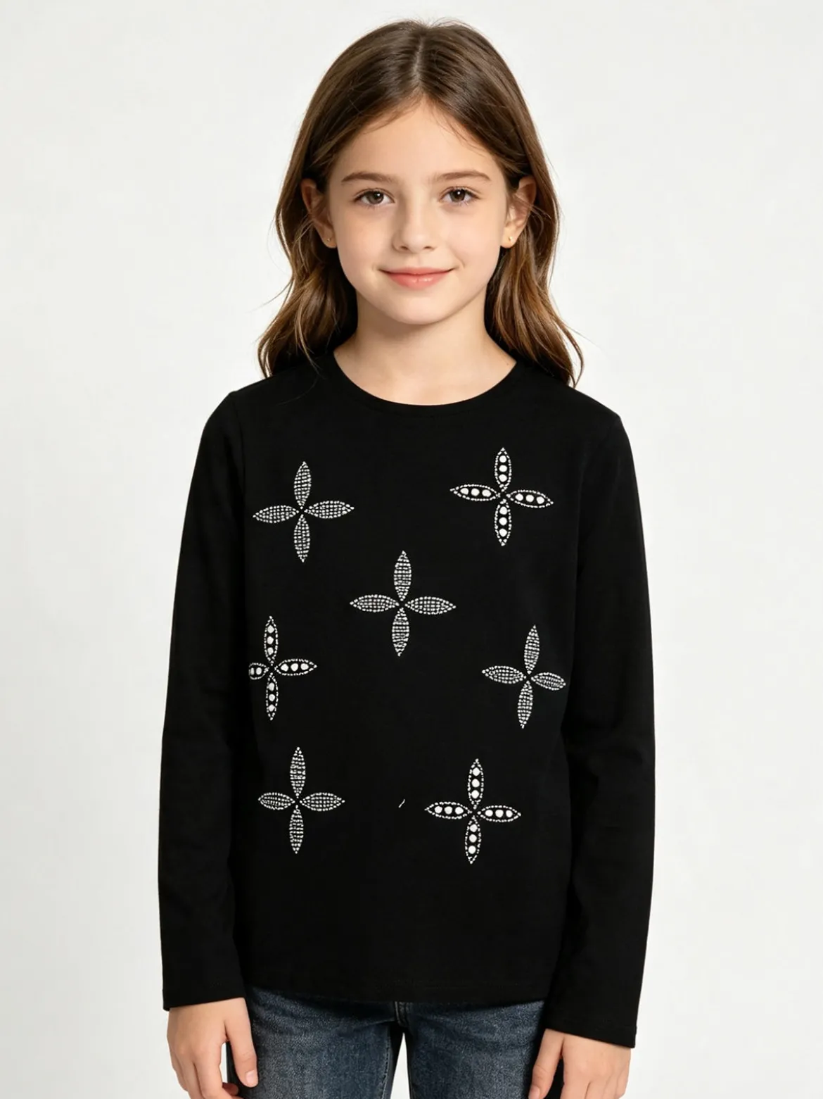 Sweet Junior T-shirt da bambina a maniche lunghe con strass e perle - nero