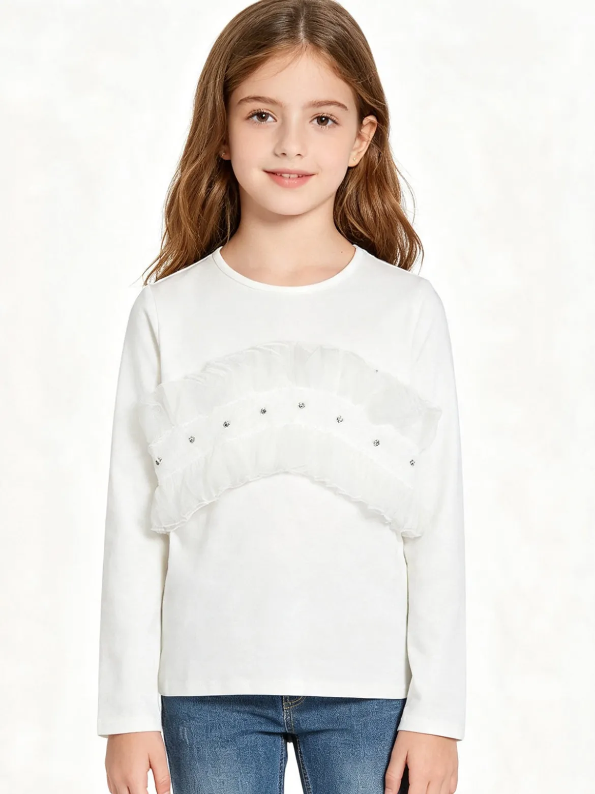 Sweet Junior T-shirt da bambina a maniche lunghe con tulle e strass - bianco