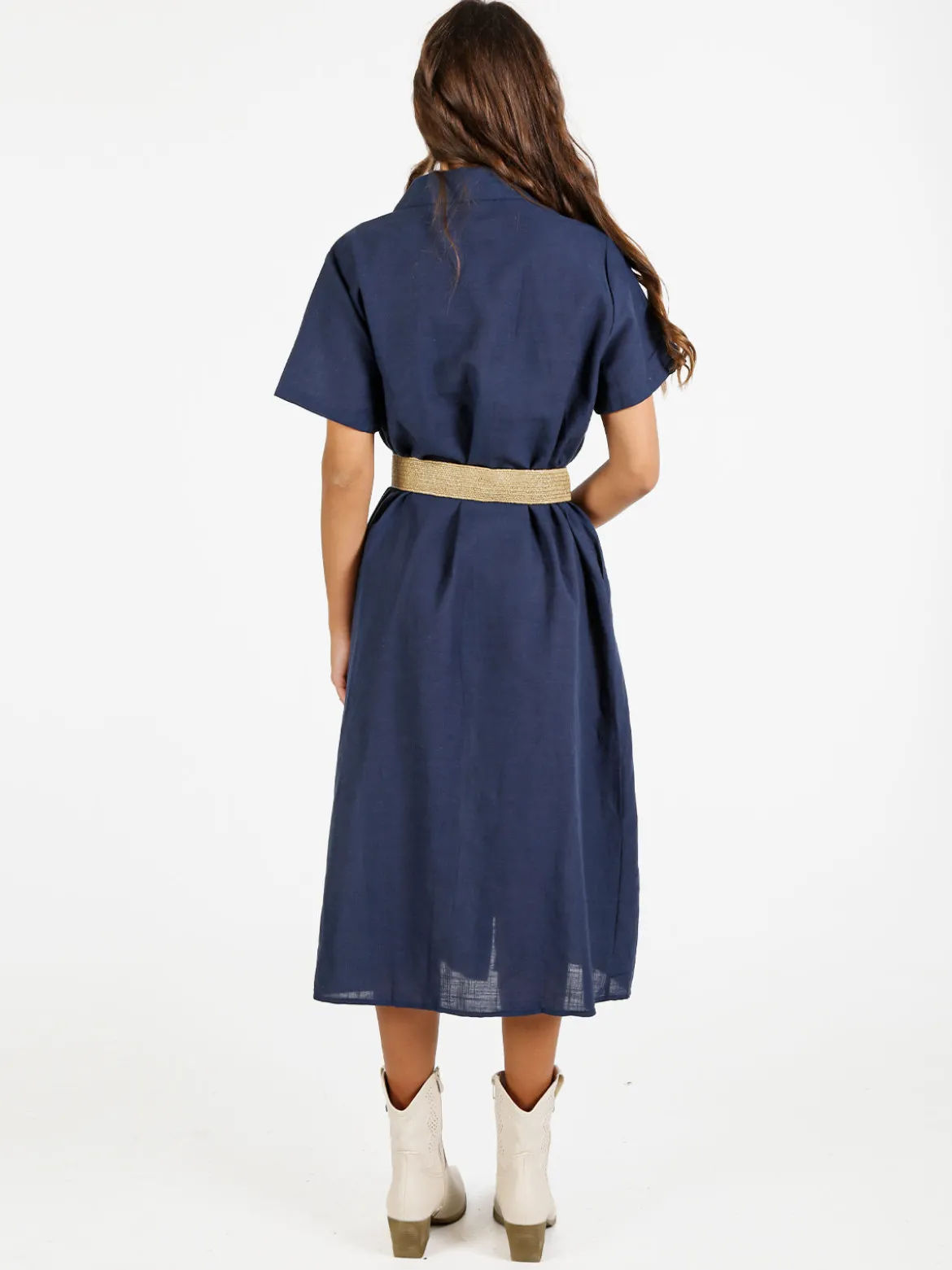 Sweet Miss Abito donna a maniche corte in misto lino con ricami - blu