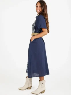 Sweet Miss Abito donna a maniche corte in misto lino con ricami - blu