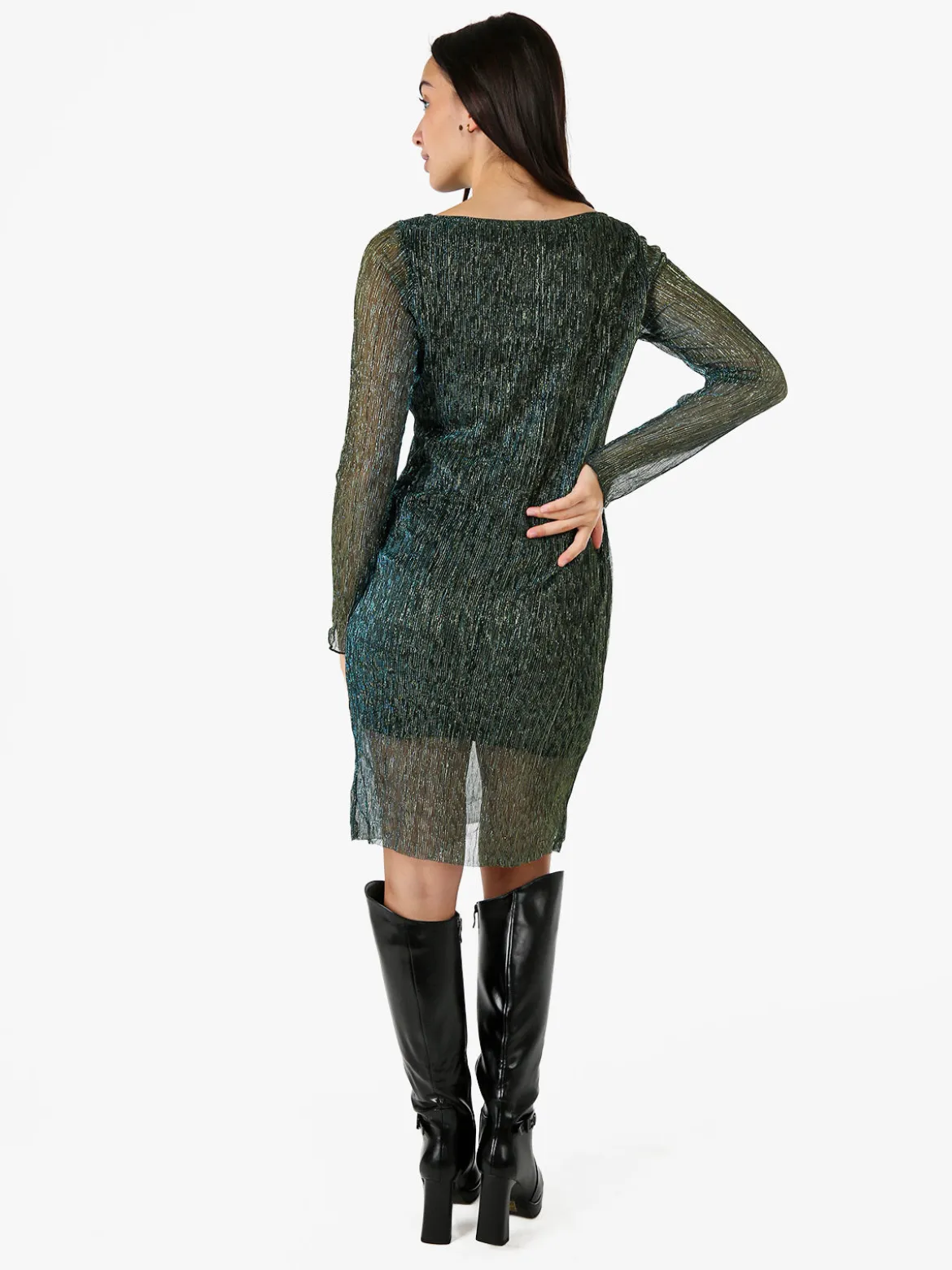 Sweet Miss Abito donna in lurex con maniche lunghe velate - ottanio