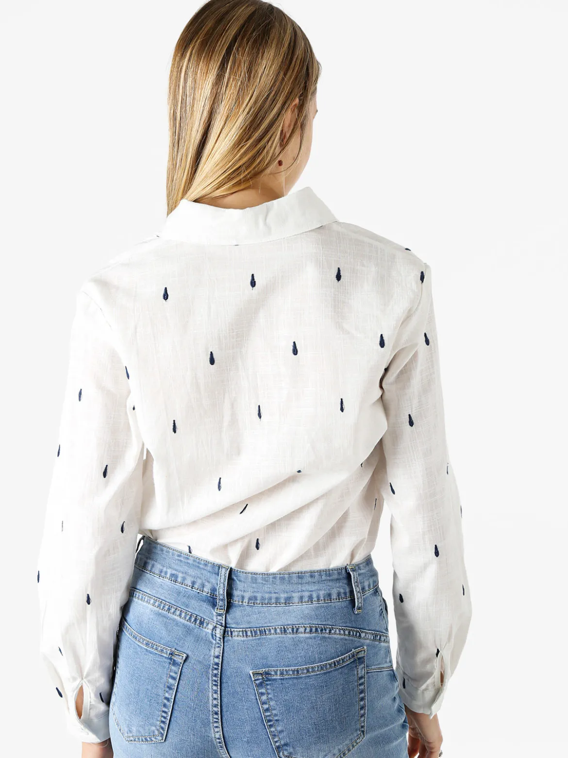 Sweet Miss Camicia donna in misto cotone e lino a maniche lunghe con ricami a goccia - blu