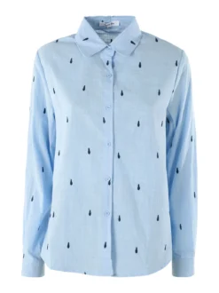 Sweet Miss Camicia donna in misto cotone e lino a maniche lunghe con ricami a goccia - azzurro