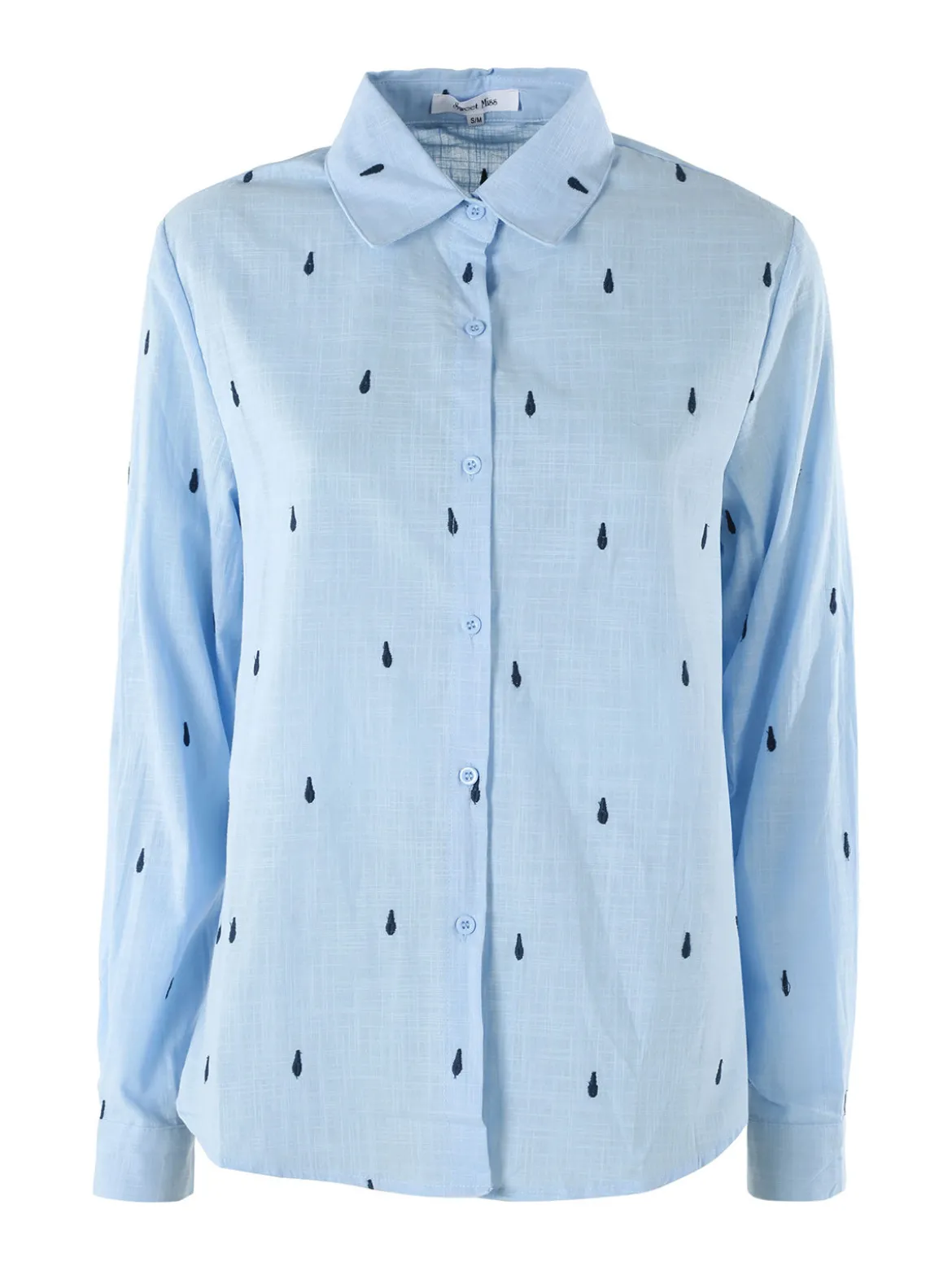 Sweet Miss Camicia donna in misto cotone e lino a maniche lunghe con ricami a goccia - azzurro