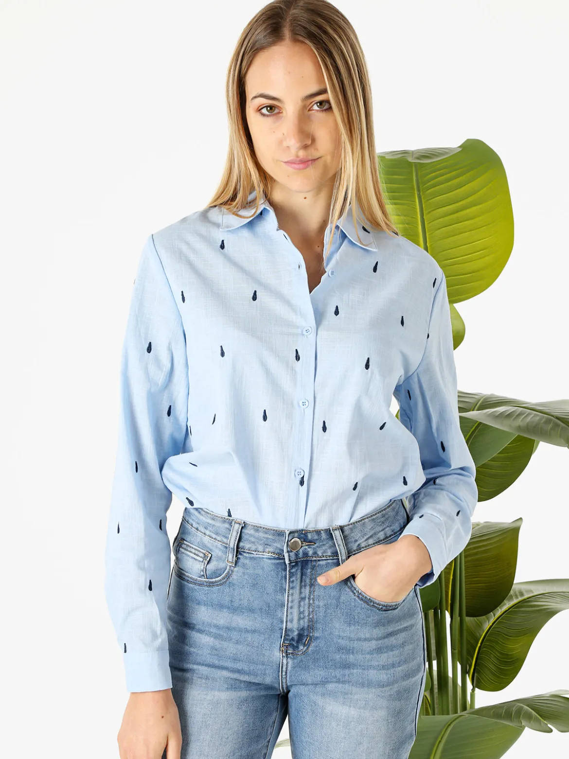 Sweet Miss Camicia donna in misto cotone e lino a maniche lunghe con ricami a goccia - azzurro