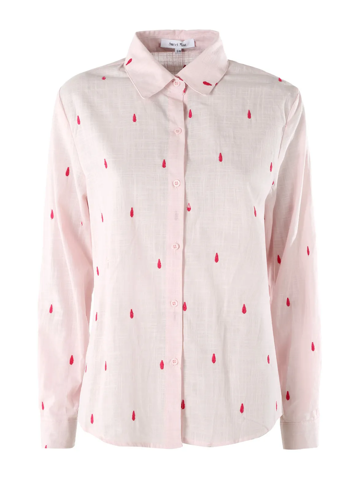 Sweet Miss Camicia donna in misto cotone e lino a maniche lunghe con ricami a goccia - rosa