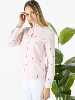 Sweet Miss Camicia donna in misto cotone e lino a maniche lunghe con ricami a goccia - rosa