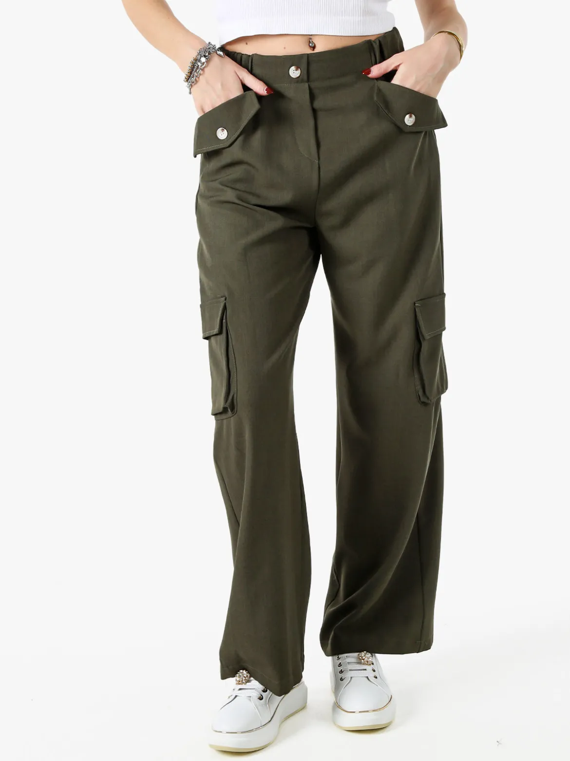 Sweet Miss Pantaloni cargo da donna a gamba larga - militare