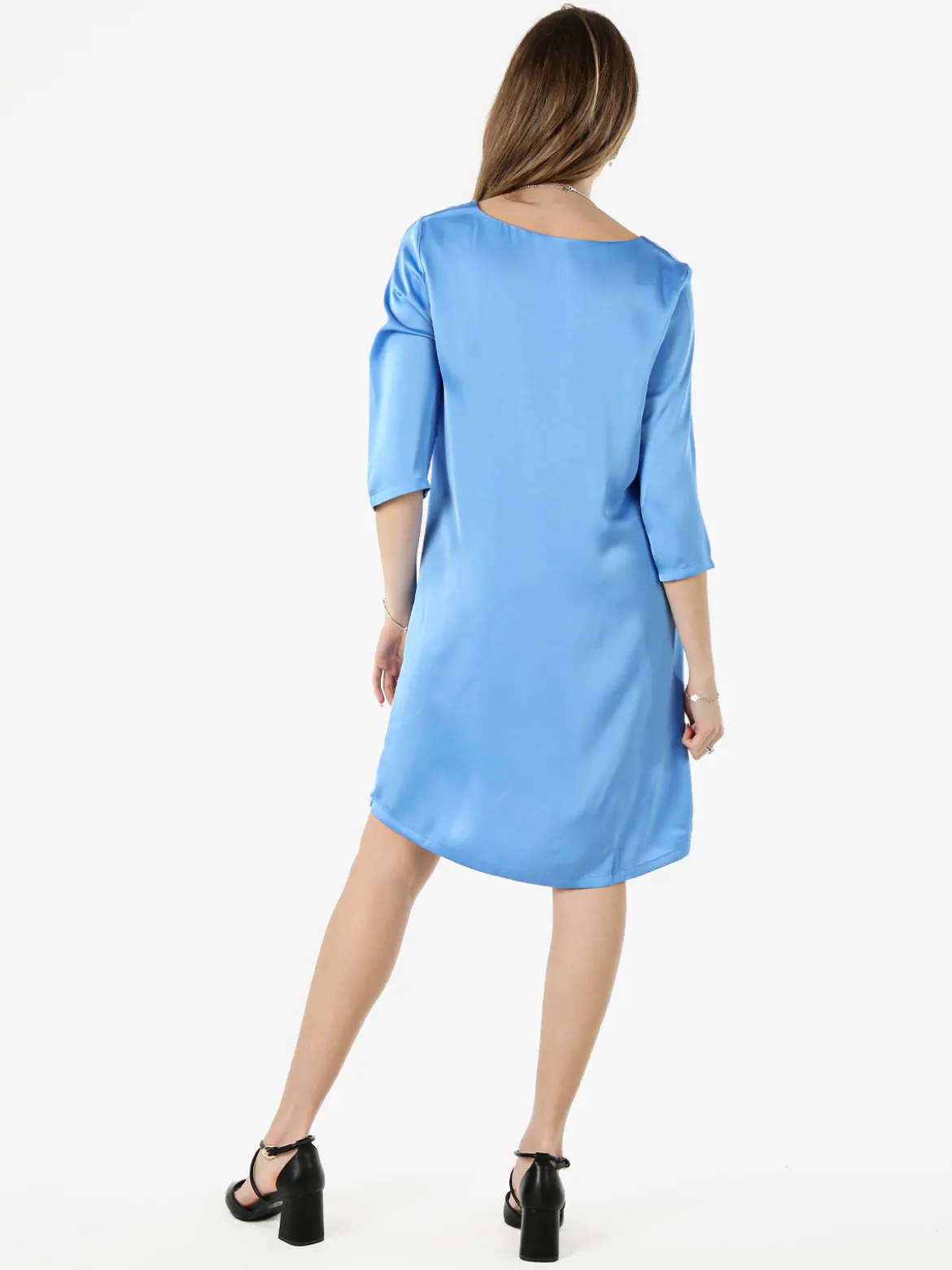 Sweet Miss Vestito donna con maniche a 3/4 in tessuto effetto raso - azzurro